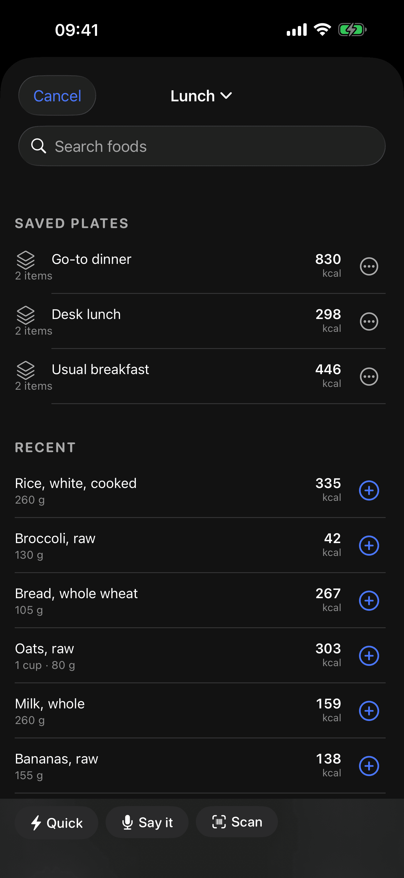 The Add Food sheet, showing saved plates above recent foods.