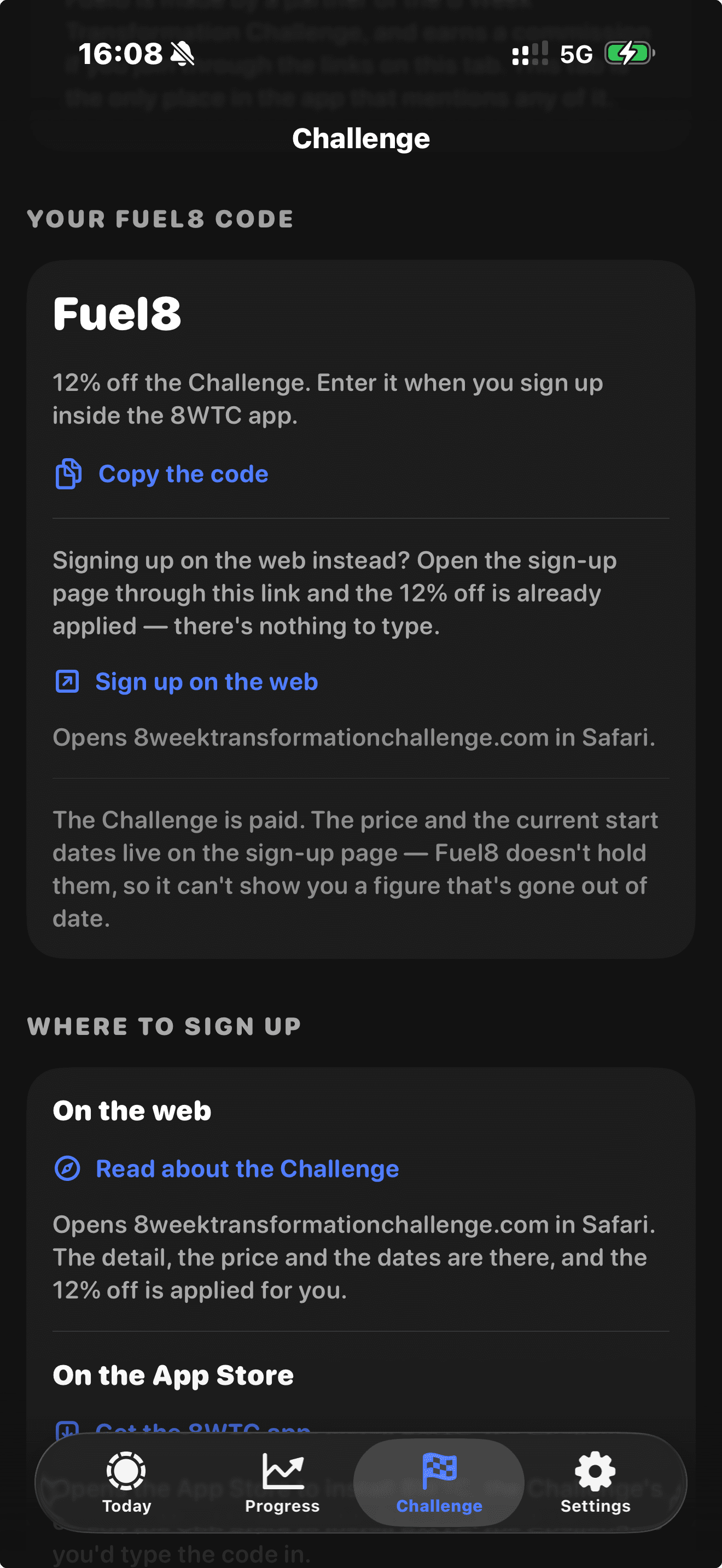 The Challenge tab showing the Fuel8 discount code and the two ways to sign up.