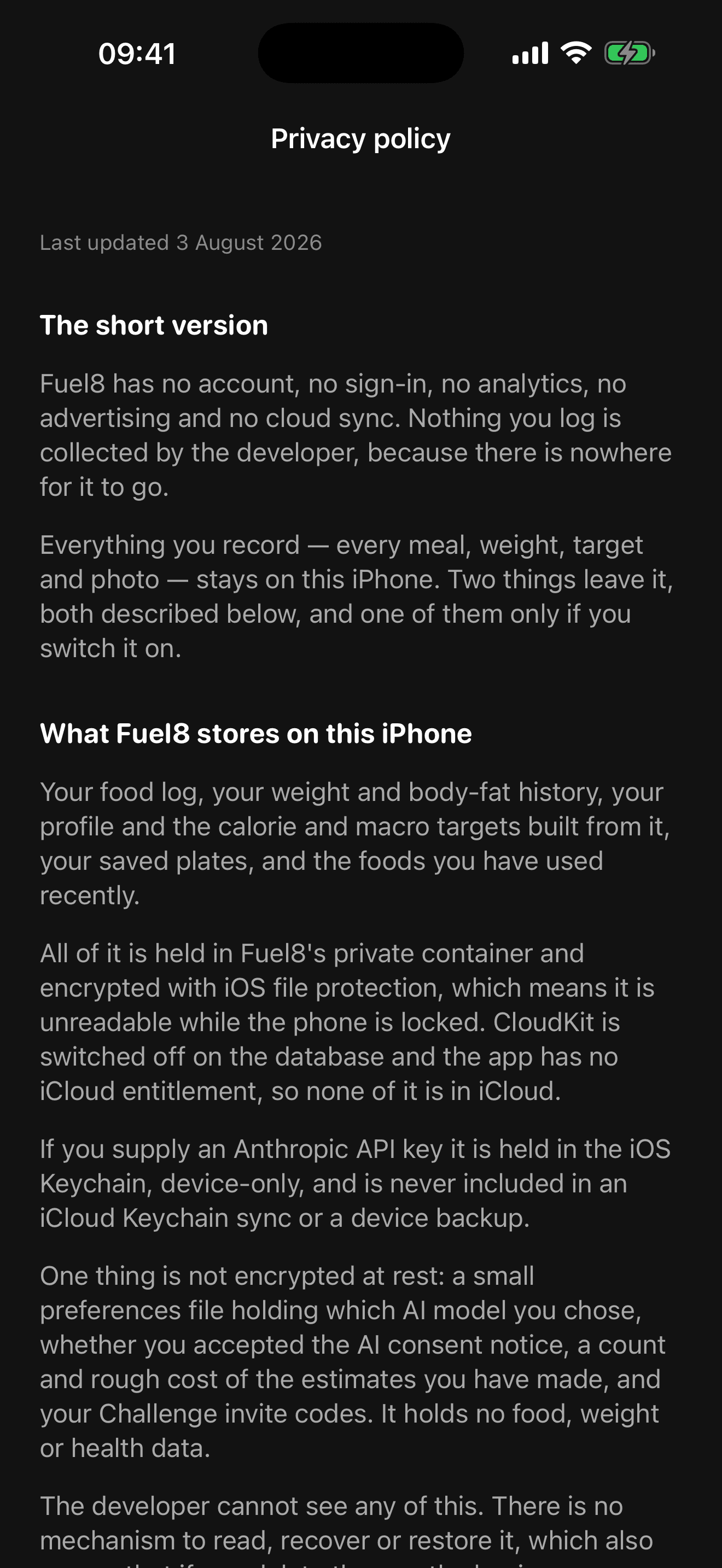 The privacy policy, in the app, offline.