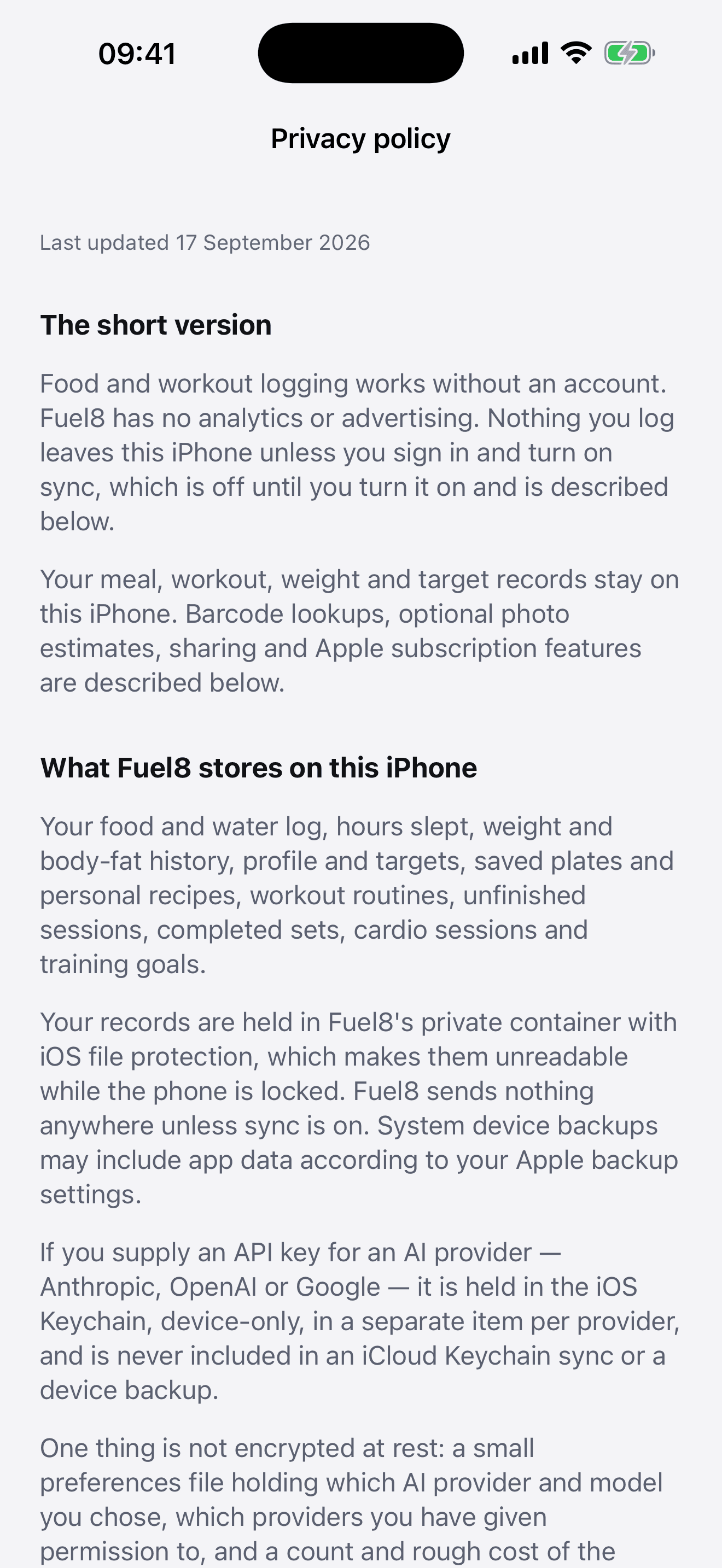 The whole privacy policy, in the app, offline.