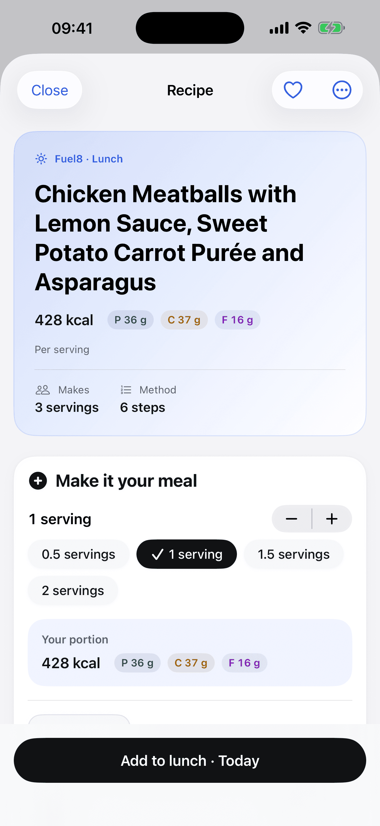 A recipe in the app: Chicken Meatballs with Lemon Sauce, 428 kcal per serving with protein, carbs and fat, a serving picker from half to two servings, and an Add to lunch button.