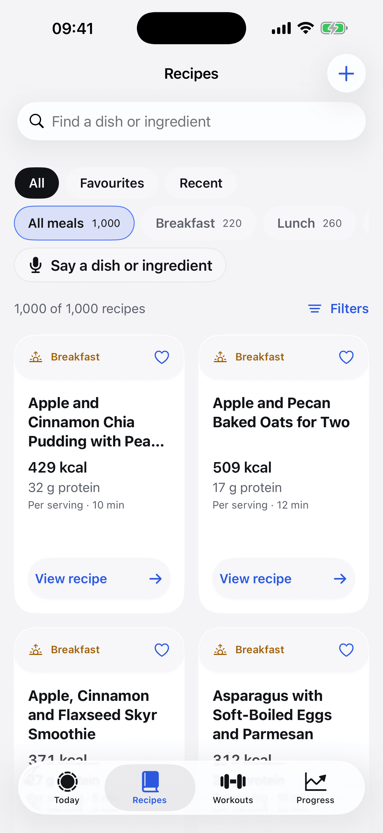 The Recipes tab: a search box, All, Favourites and Recent, meal chips, a Say a dish or ingredient button, and recipe cards with calories, protein and minutes.