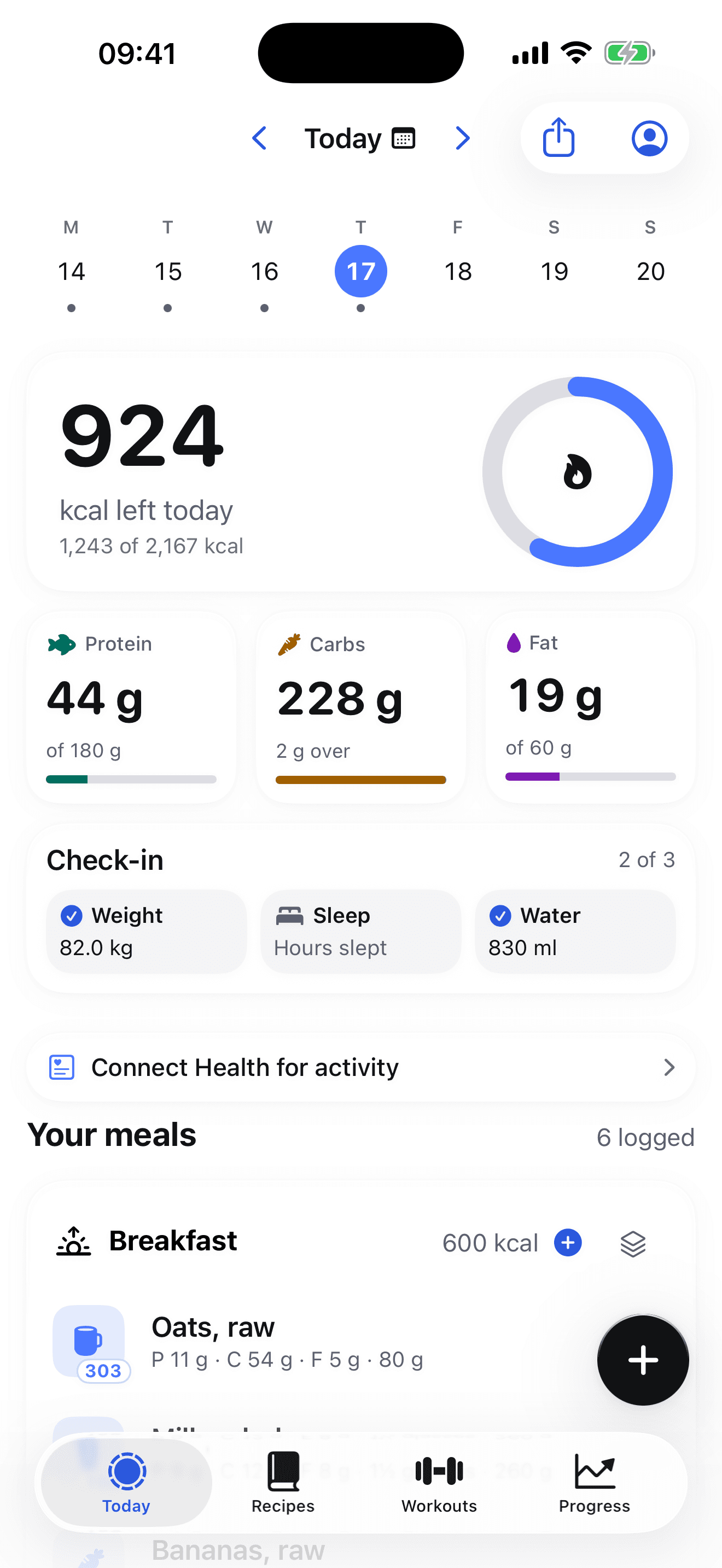 The Today screen: 1,495 kcal left today, 702 of 2,197 logged, with the week strip above, protein, carbs and fat rings below, and a “What can I eat?” button.