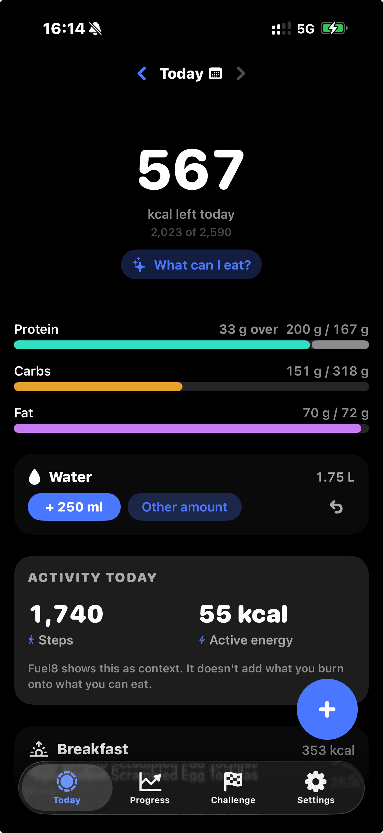 The Today screen: 567 kcal left today, 2,023 of 2,590 logged, with protein, carbs and fat bars, water, and an activity card showing steps and active energy.